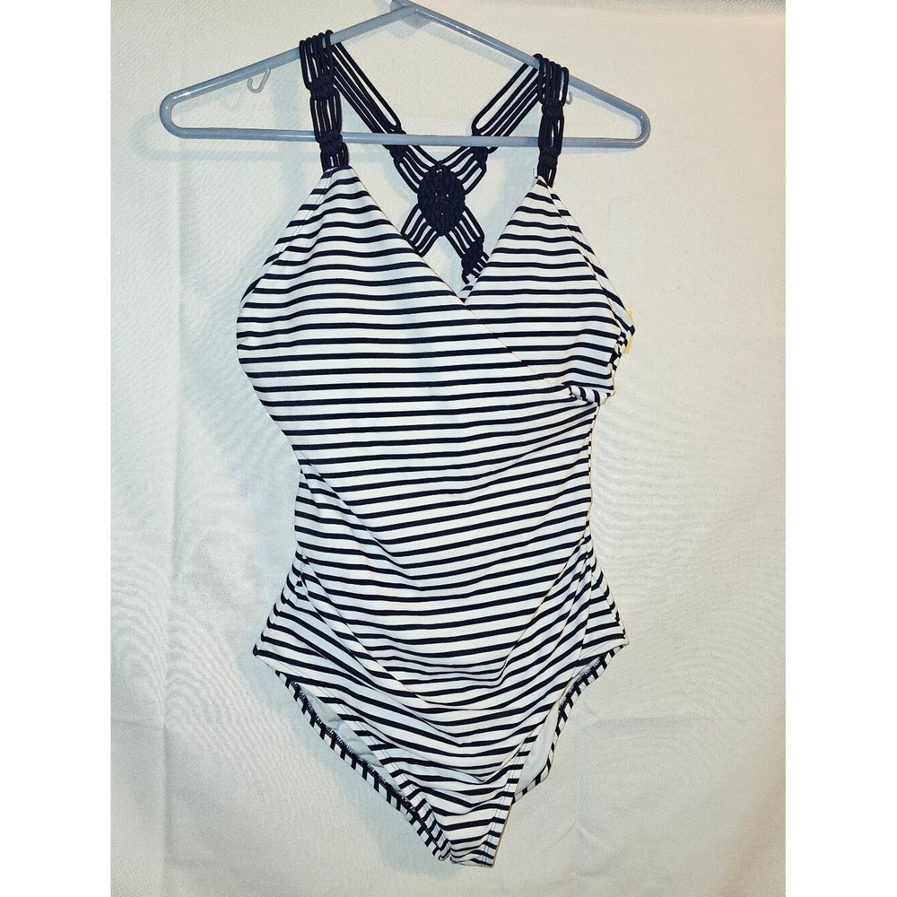 Konal Sol Women's Shirred Macrame Strap One Piece Swimsuit Size M White/Blu Good - Picture 5 of 9